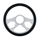14" CHROME BILLET STYLE ALUMINUM STEERING WHEEL WITH BLACK ENGINEERED LEATHER GRIP