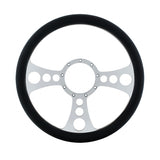 14" CHROME BILLET STYLE ALUMINUM STEERING WHEEL WITH BLACK ENGINEERED LEATHER GRIP